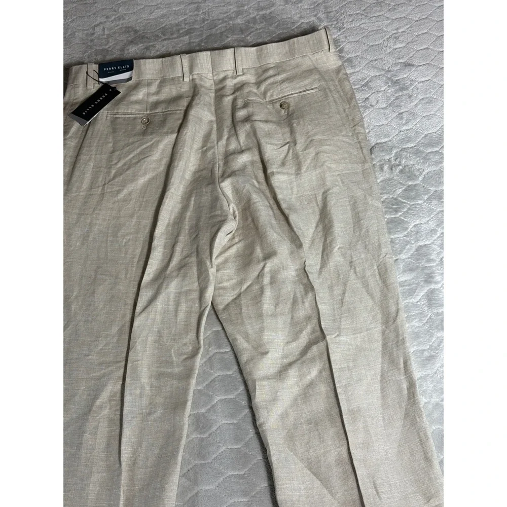 Perry Ellis Mens Linen Blend Dress Pants 36x30 Oatmeal Beige Lightweight NWT
